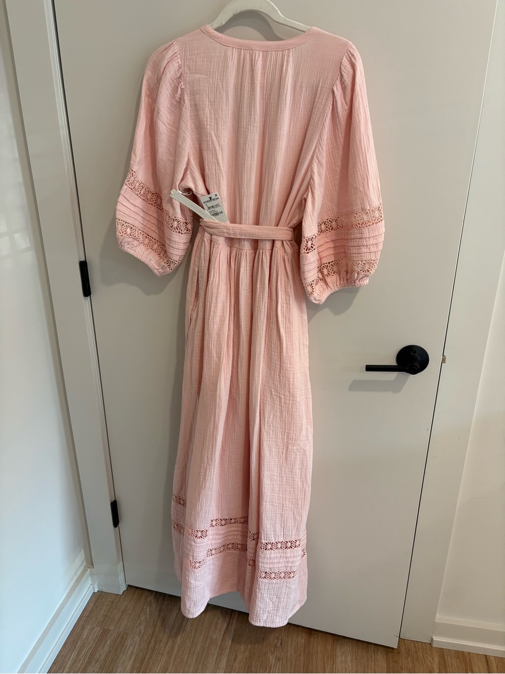 NWT Blush Pink Maxi Dress Puff Sleeve Boho Cottagecore Peasant Crochet Tie Waist - Picture 11 of 14